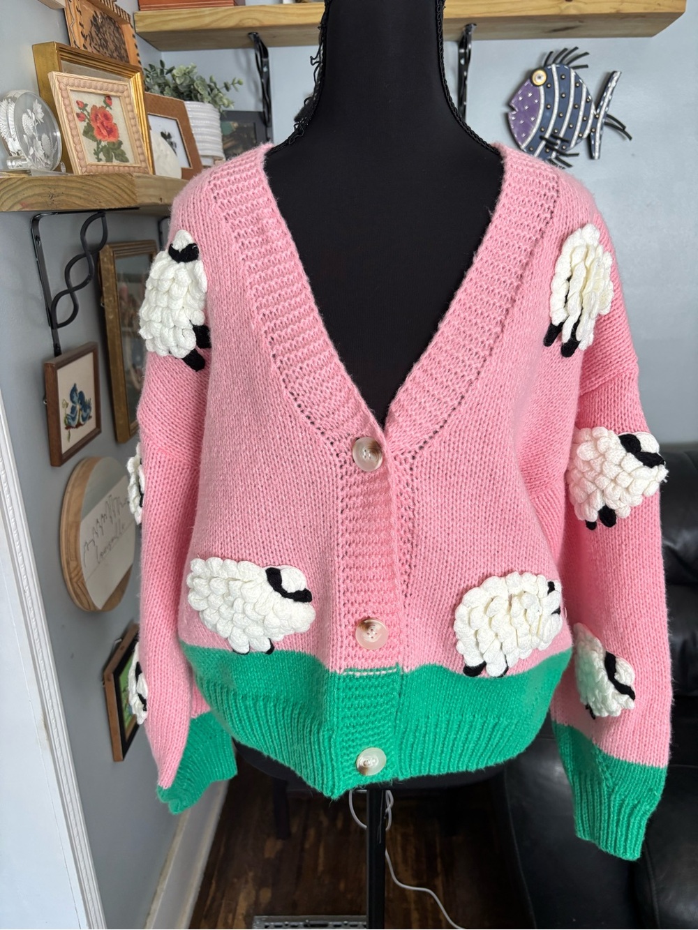 Dreamers by debut counting sheep 3D bobble cardigan sweater womens S oversized